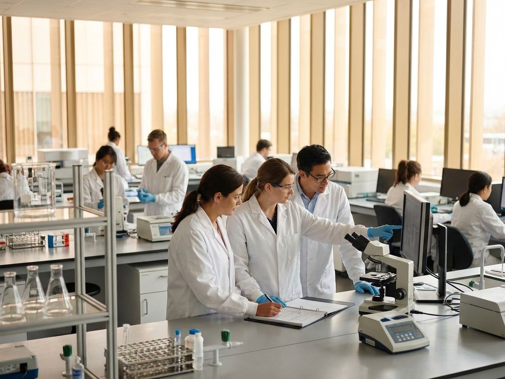 Scientists in white lab coats collaborating in modern research laboratory with microscopes and scientific equipment