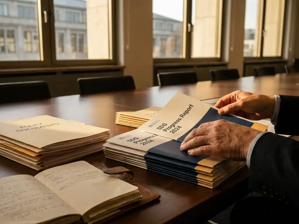 Delegate arranging printed SDG progress reports on a conference table beside an open leather notebook and stacked policy documents.