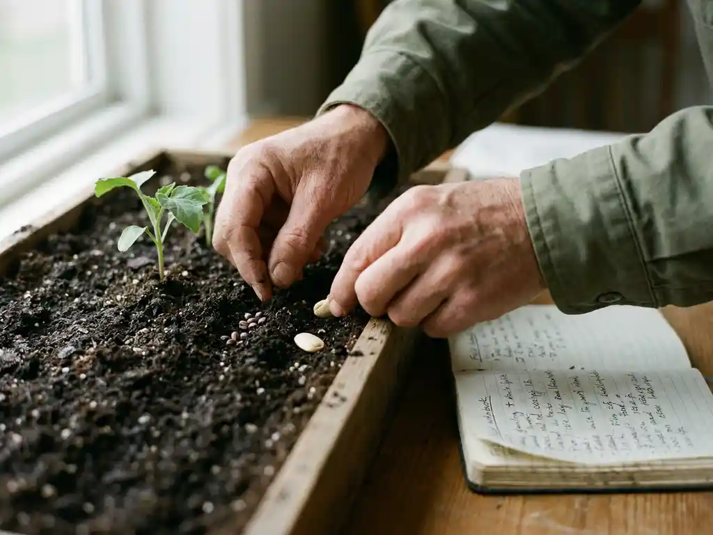 Researcher's hands placing two seed varieties side by side in dark soil, one rooted and one resting on the surface, field notebook nearby.