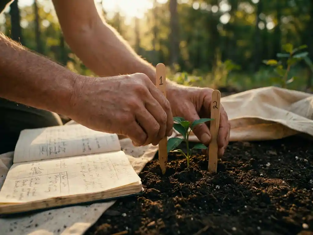 Researcher placing numbered measuring stakes in soil beside a seedling, with an open field notebook showing handwritten observations nearby.