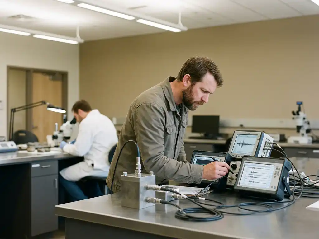 Research scientist examining seismic monitoring equipment in modern laboratory while colleague analyzes geological samples in background