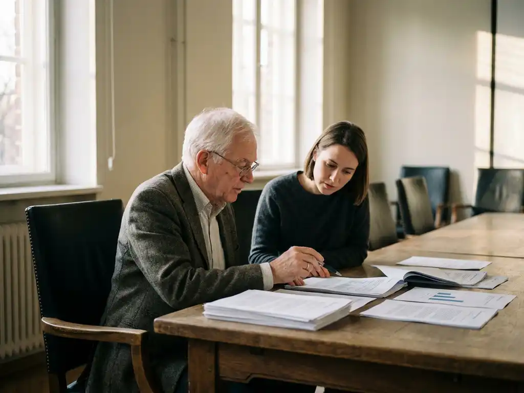 Senior researcher and younger colleague reviewing printed documents together at a wooden table in a sunlit institutional meeting room.
