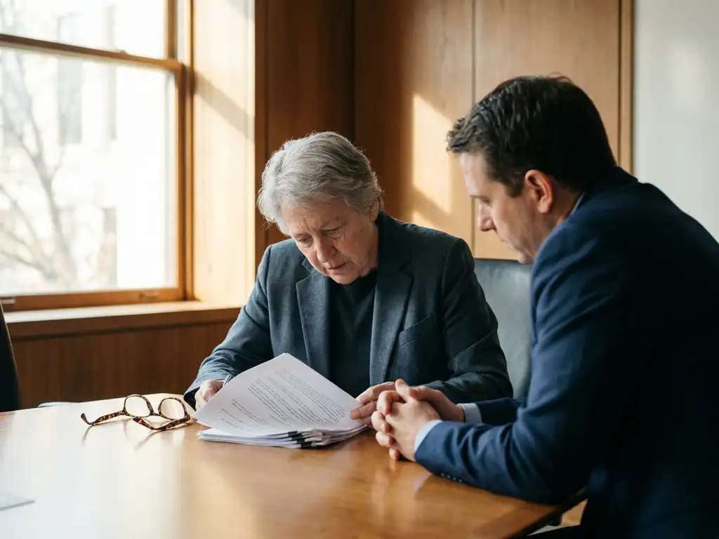 Senior researcher reviewing a printed research proposal at a conference table while a colleague listens attentively in warm natural light.
