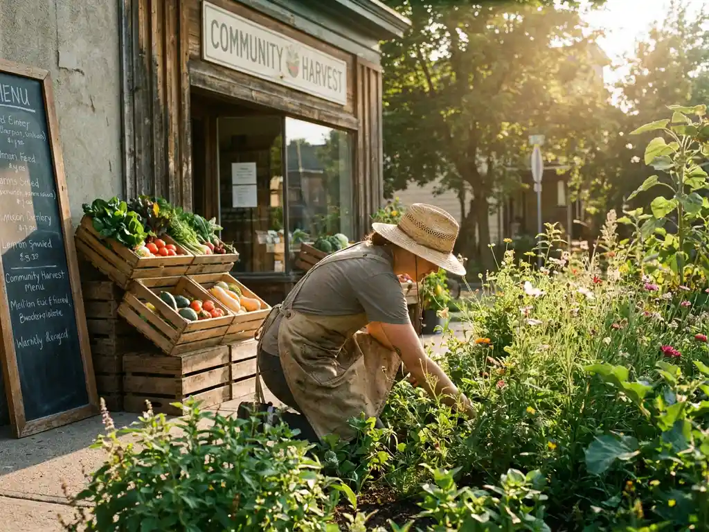 Small business owner tending a community garden plot beside a storefront, wooden crates of fresh vegetables stacked nearby in warm afternoon sunlight.