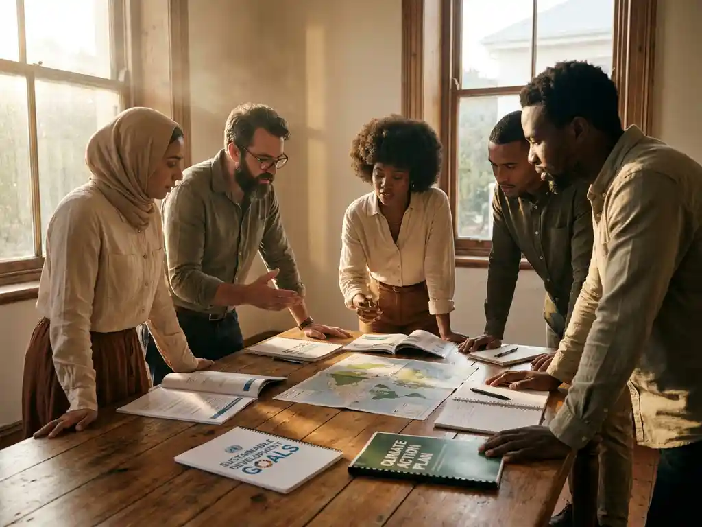 Diverse international researchers collaborating around wooden conference table with sustainable development documents in natural sunlight