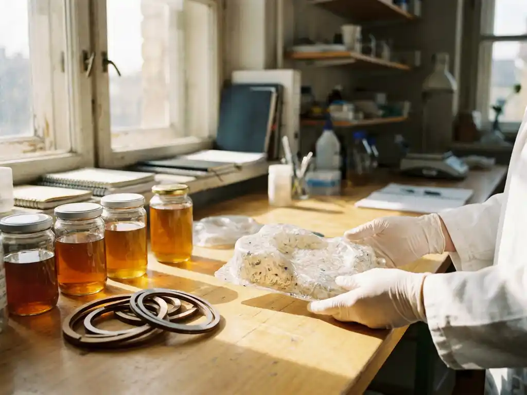 Researcher's hands examining recycled plastic components and bio-based materials on laboratory workbench with circular design prototypes