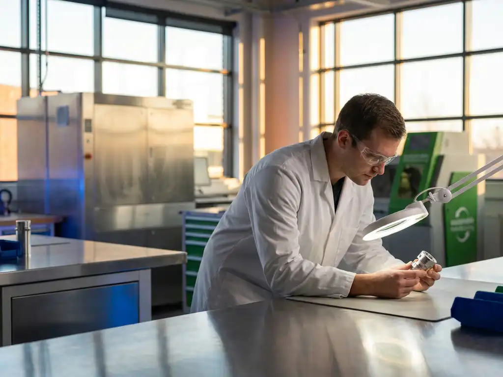 Researcher in white lab coat examining metal component under natural light in modern industrial laboratory with sustainable manufacturing equipment