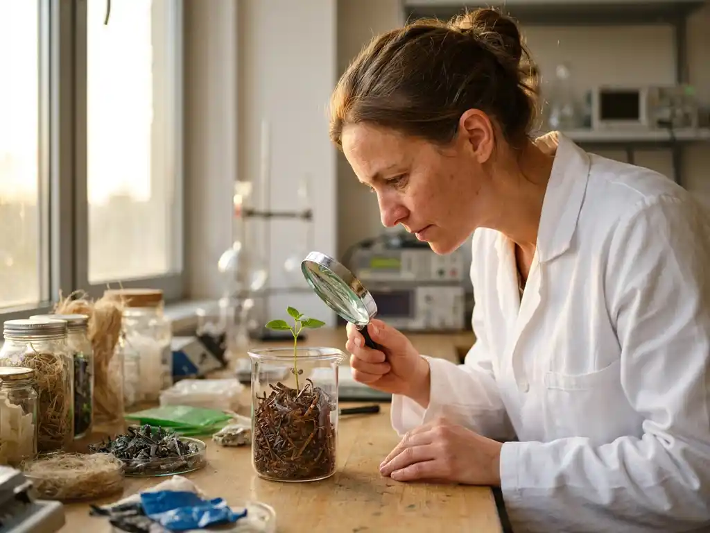 Research scientist in white lab coat examining green plant growing from recycled metal shavings in glass beaker on laboratory workbench
