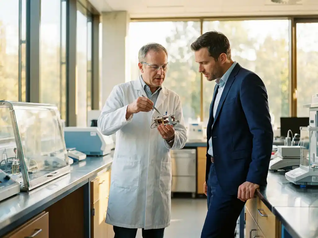 Research scientist in white lab coat examining prototype device while business professional in navy suit observes in modern laboratory with natural lighting