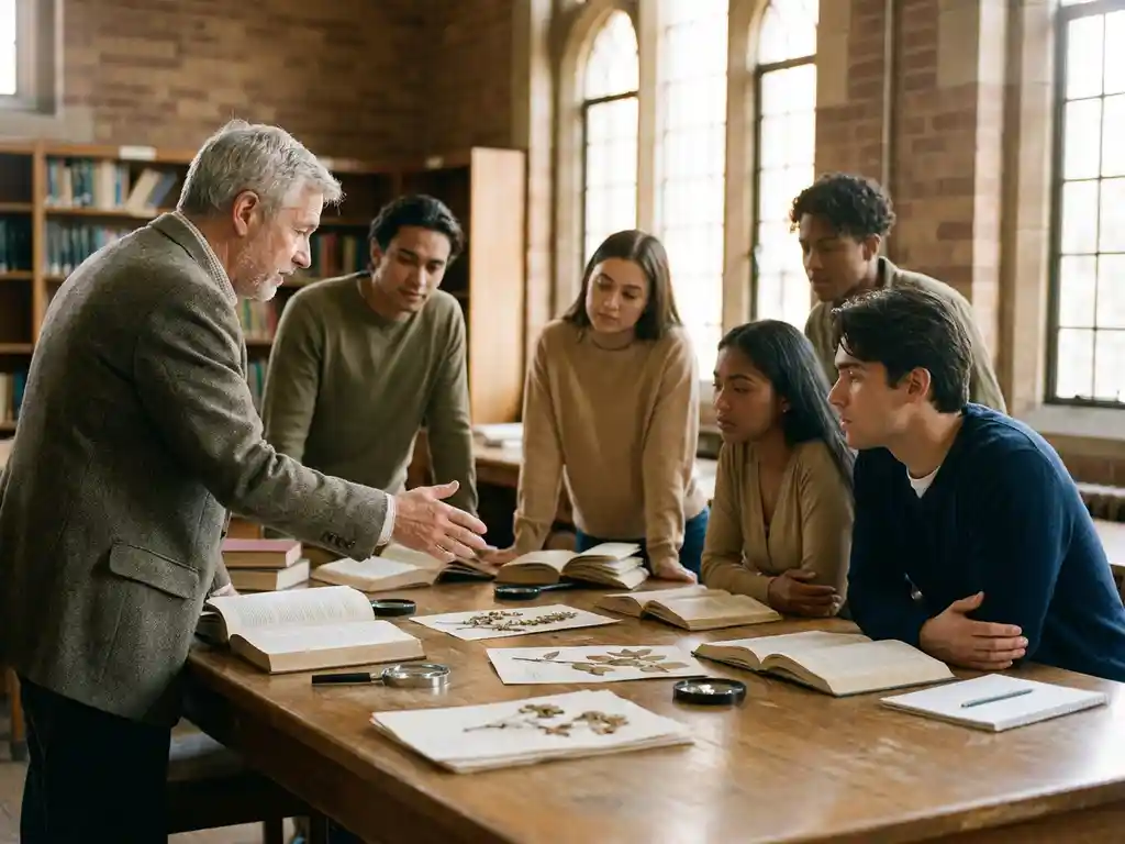 University professor leading diverse students in hands-on research session around a table with botanical samples and open textbooks, bathed in warm natural light.