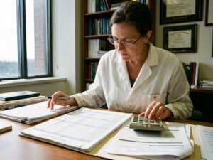 University researcher in white lab coat reviewing budget spreadsheet with calculator and grant documents on wooden desk