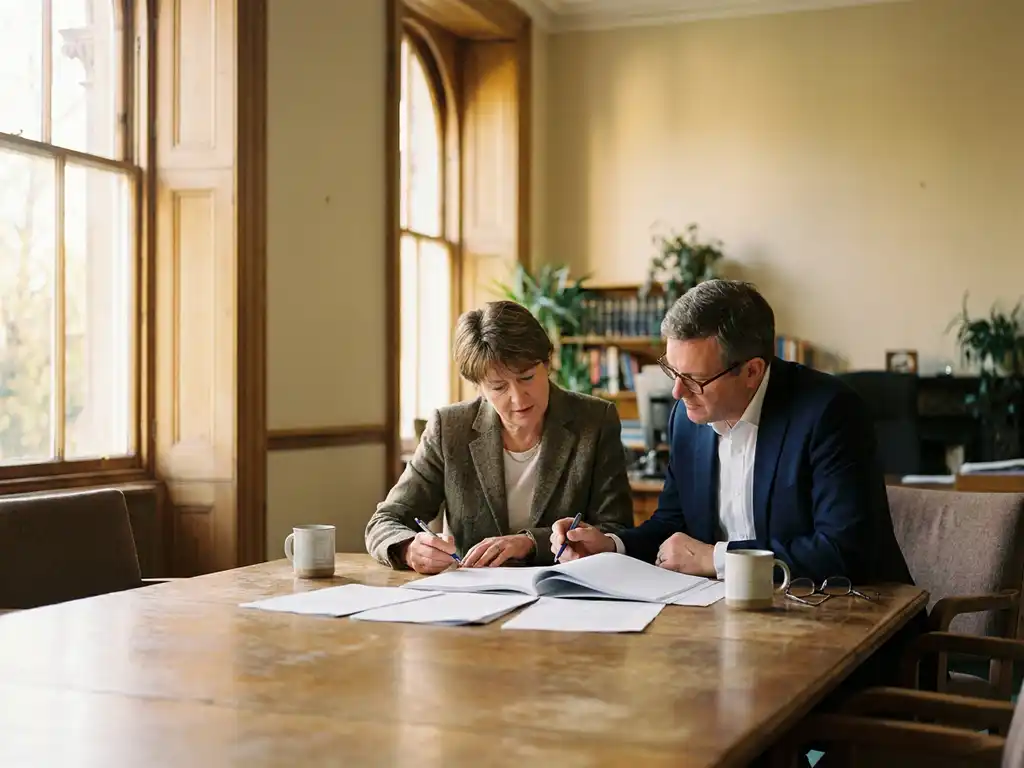 Researcher and industry professional reviewing a grant proposal together at a wooden conference table, coffee cups nearby, warm afternoon light.