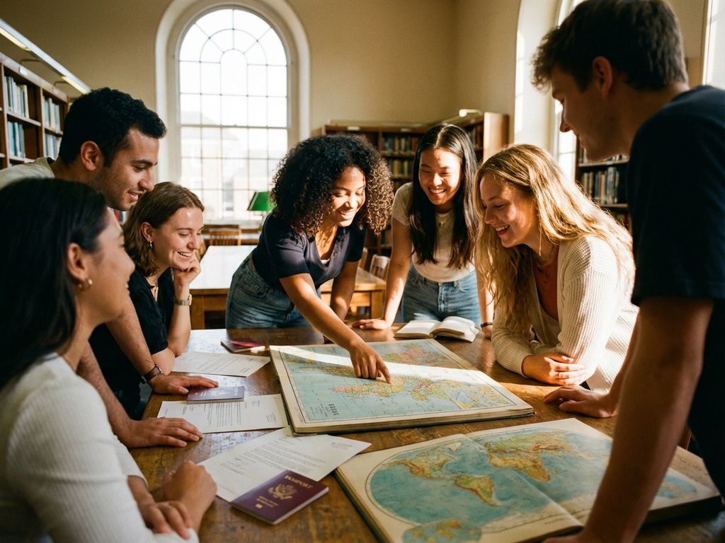 Diverse university students studying abroad options around library table with passports, acceptance letters, and world atlas