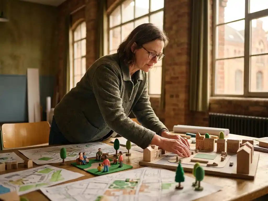 Urban planner examining neighborhood maps and architectural scale models on a planning table, warm afternoon light, documentary style.