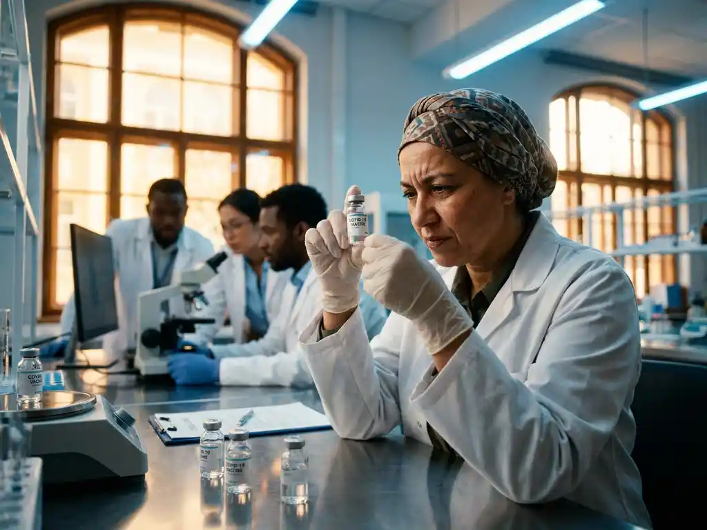 Research scientist in white lab coat examining vaccine vials while diverse team collaborates in sterile laboratory background