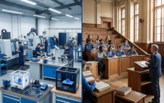 Leitat hosted WAITRO Cooperation for Development Online Workshop » WAITRO Split-screen showing modern vocational workshop with industrial equipment versus traditional university lecture hall with wooden desks.