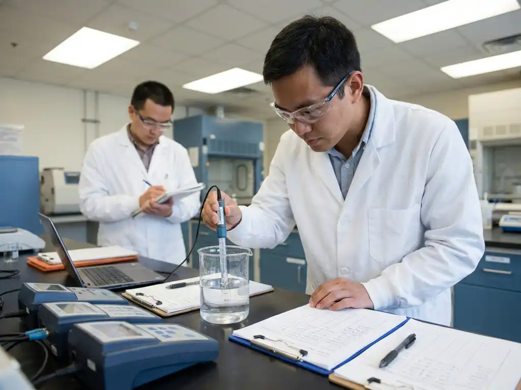 Researcher in white lab coat measuring water quality in glass beaker with data sheets and scientific instruments on laboratory bench