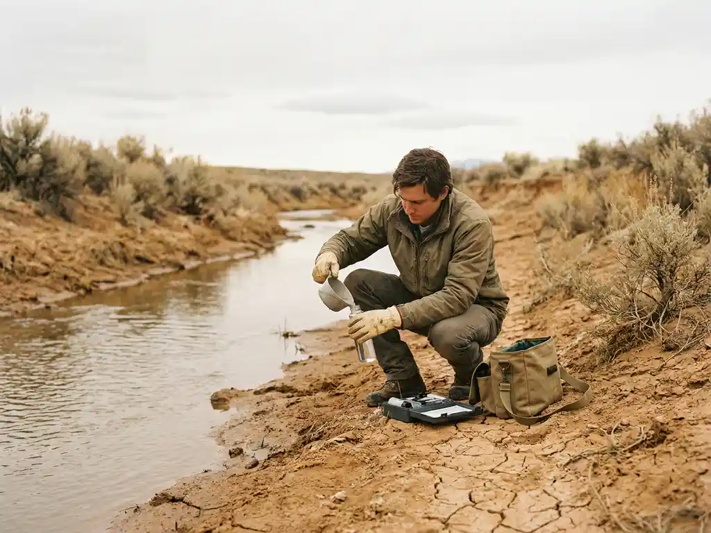 Field researcher crouching at a shallow river to collect water samples in glass vials, surrounded by cracked dry earth and sparse vegetation.