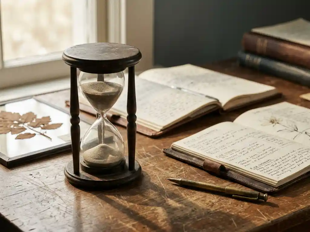 Weathered wooden hourglass with sand nearly emptied, resting on a research desk beside field notebooks and a dried botanical specimen.