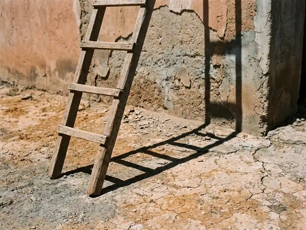 Weathered wooden ladder leaning against a crumbling concrete wall, casting a dramatic shadow across dry cracked earth in harsh midday sunlight.