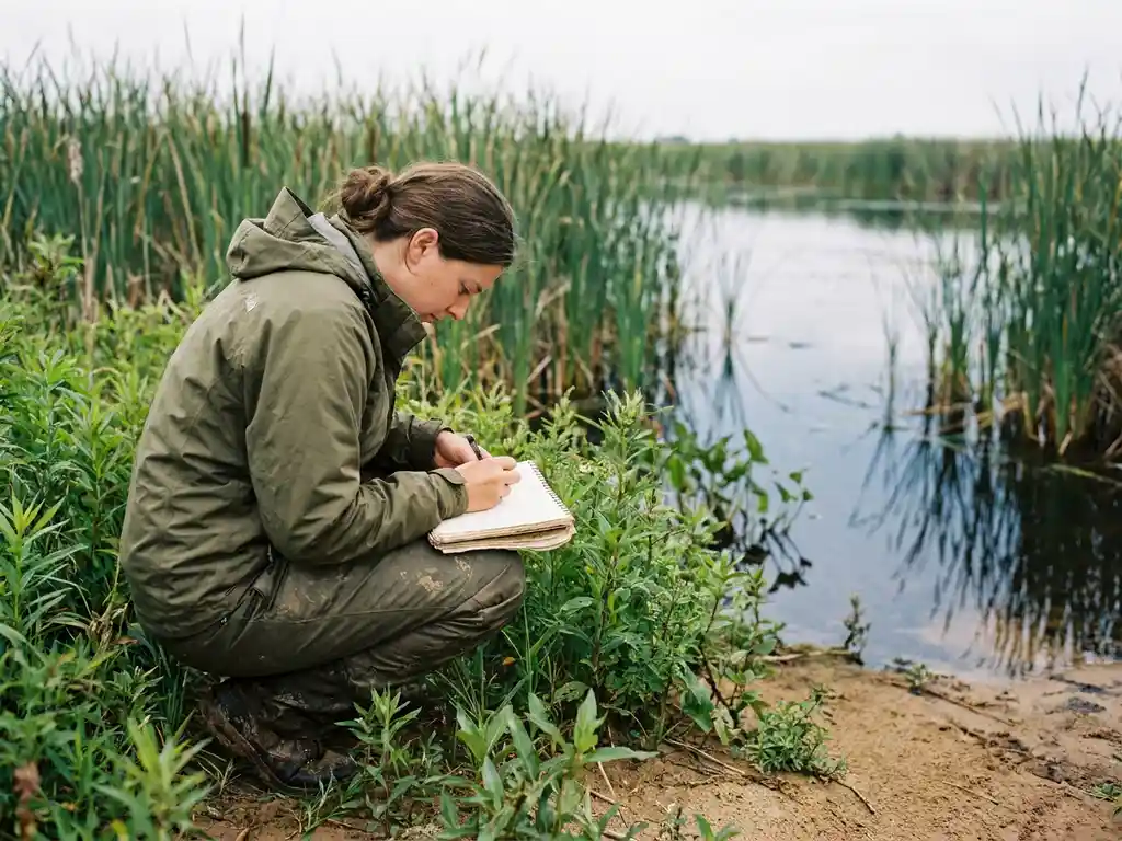 Field researcher crouching in a wetland, documenting native plant species in a notebook, surrounded by dense green reeds and still water.