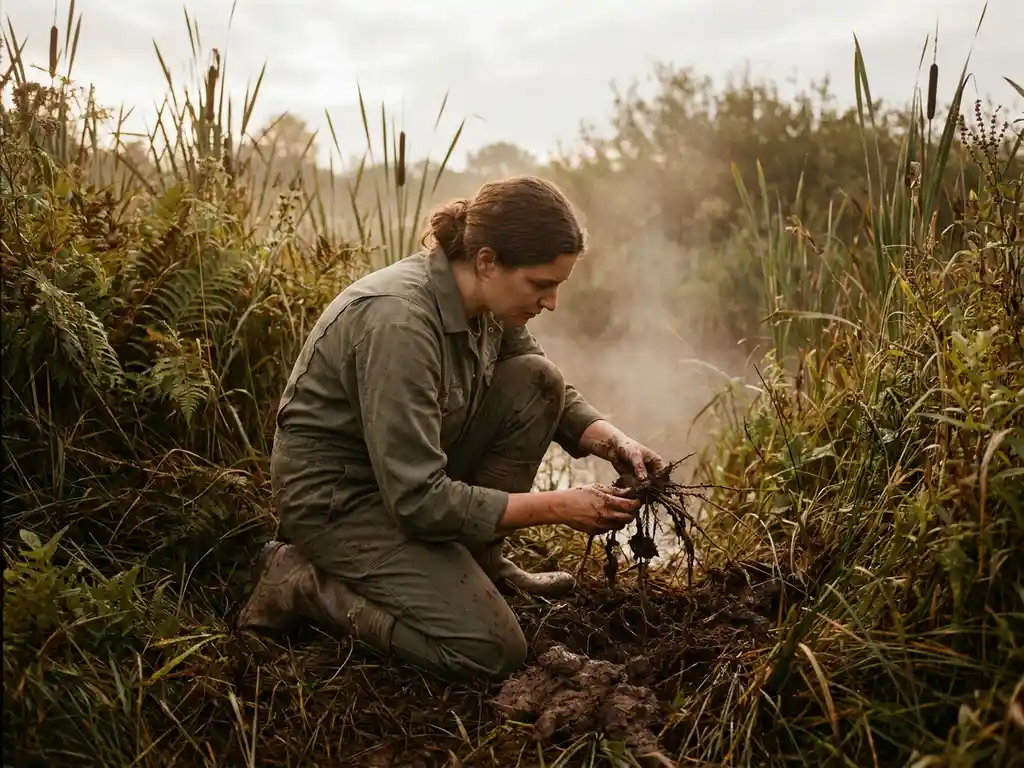 Field researcher kneeling in misty wetland vegetation, examining native plant roots in muddy soil surrounded by tall reeds and wild grasses.