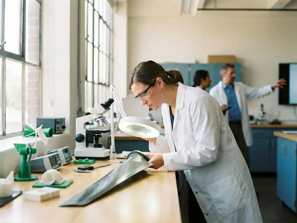 Researcher in white lab coat examining wind turbine blade materials on laboratory workbench with colleague in background