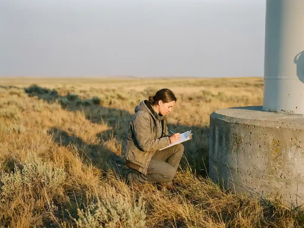 Field researcher crouching at wind turbine base on open grassland, recording data on clipboard in warm golden afternoon sidelight.