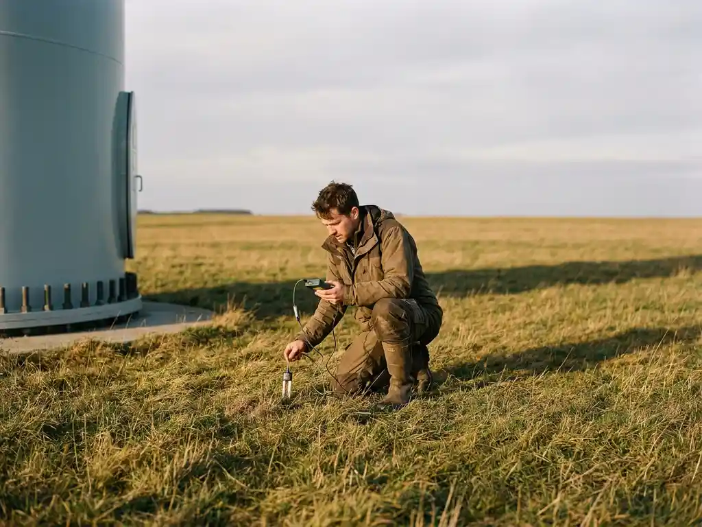 Field researcher kneeling at wind turbine base on open grassland, taking soil measurements with scientific instruments in warm afternoon light.