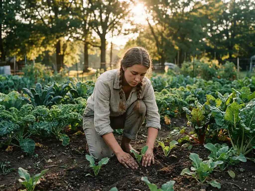 Young woman kneeling in a community garden, pressing soil around a seedling with bare hands, surrounded by lush vegetable rows in warm afternoon light.