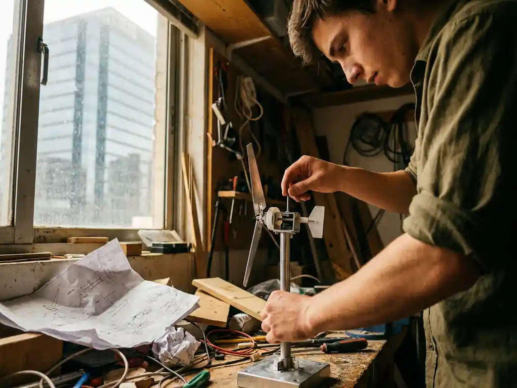 Young entrepreneur hand-assembling a wind turbine prototype in a cluttered workshop, corporate glass tower visible through a dusty window behind them.